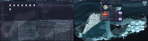 Left monitor shows file browser, terminal with fastfetch, kate text editor (with layout section of niri config open), and btop++. Right screen is empty aside from the home menu from the Noctalia top bar. Wallpaper is an illustration of a castle/temple on top of a cliff.