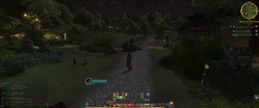 A screenshot of Lord of the Rings Online showing a female elf character entering the town of Newbury