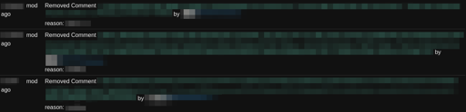 Blurred mod log showing three instances of "mod" taking an an action