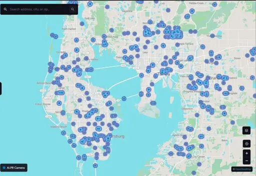 Image of various blue dots across the Tampa Bay area signifying Flock cameras