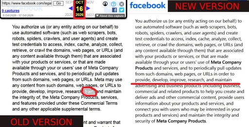Screenshot of 2 versions of a paragraph of the new commercial terms for Meta services.  The word train is encircled in red in the old version and is missing in the new version.