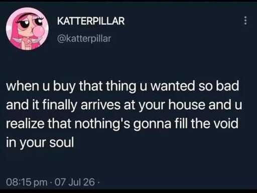 when u buy that thing u wanted so bad and it finally arrives at your house and u realize that nothing's gonna fill the void in your soul