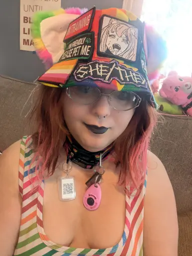 vanta rainbow black in her iconic rainbow hat and rainbow dress :3