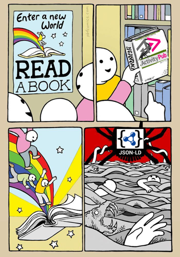 Three people enter a library with the slogan "Enter a new world - read a book". There they pull out a book about ActivityPub. As they read the book, they enter the hellish world of json-ld