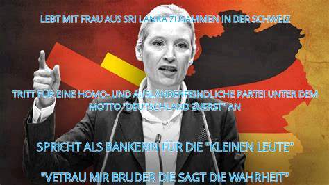Schwarz-Weiß-Bild von Alice Weidel vor Deutschlandflagge.
Text: Lebt mit Frau zusammen in der Schweiz
Tritt ein für eine Homo- und Ausländerfeindliche Partei unter dem Motto "Deutschland Zuerst"

Spricht als Bankerin für die "kleinen Leute"

"Vertrau mir Bruder die sagt die Wahrheit"