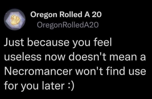Screenshot from X User Oregon Rolled A 20: "Just because you feel useless now doesn't mean a Necromancer won't find a use for you later :)