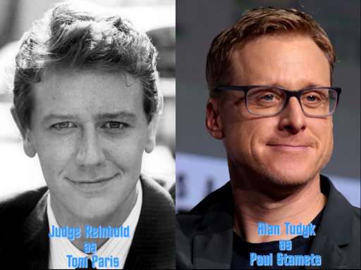 Side-by-side pictures of actors Judge Reinhold and Alan Tudyk, labeled with blue text in a Star Trek-reminiscent font "Judge Reinhold as Tom Paris" and "Alan Tudyk as Paul Stamets"