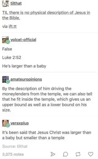 tilthat T1,1_ there is no physical description of Jesus in the Bible. 
volcel-official False Luke 2:52 He's larger than a baby 
amateuropinions By the description of him driving the moneylenders from the temple, we can also tell that he fit inside the temple, which gives us an upper bound as well as a lower bound on his size. 
F7:1 veraxplus Ysf. It's been said that Jesus Christ was larger than a baby but smaller than a temple 


